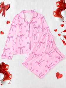 Women's Cartoon Print Contrast Binding Lapel Shirt & Elastic Waist Pants Pyjama, Casual Comfy Long Sleeve Top & Trousers Pj Set, Women's Sleepwear for Fall & Winter