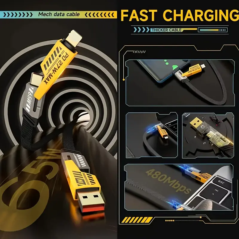 4-in-1 Fast Charging Cable, 150cm Dual Type-C & USB Lighting Connectors, Fabric Flat Cable, Matte Surface, USB Male to Male, Compatible with for iPhone,, USB Type C Charger Tablet Charge Cable 2
