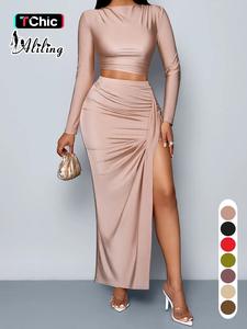 Two-Piece Set Women's Solid Crop Top & Ruched Split Thigh Skirt, Chic Elegant Fashion Top & High Waist Skirt for Daily Outdoor Wear, Women's Clothing for Summer, Womenswear, Fall outfit