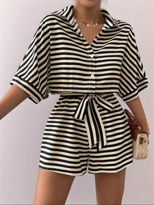 Women's Striped Print Romper, Breathable Soft Casual Fitted Belted Romper for Summer, Fashion Women's Clothes for Daily Wear, Womenswear, Tie Front Jumpsuit, Hippie Summer Jumpsuit