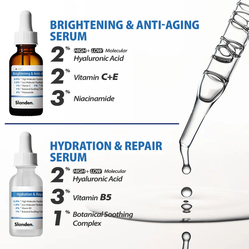 Slanden Serum + Cream Bundle: Essence & Moisturizer Duo Brighten & Renew. Deeply hydrate. Fade dark spots. Combat acne. Soothe skin. Repair damage. Reduce wrinkles. Firm skin. Smooth lines. Strengthen barrier. Tighten pores. Enhance glow. 1