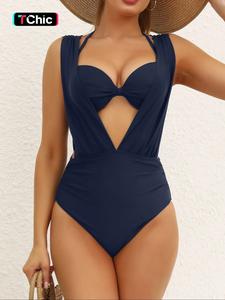 Two-piece Set Women's Solid Ruched Tie Back Swim Bra & Swim Bodysuit Set, Casual Fashion Swimwear Set for Beach Holiday Vacation, Ladies Swimsuit for All Seasons, Tummy Control Swimwear