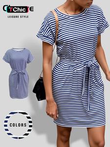 Women's Striped Print Tie Front Dress, Summer Outfits 2024, Summer Clothes Women, Casual Pocket Short Sleeve Knee Length Dress for Summer, Women's Clothing for Daily Wear