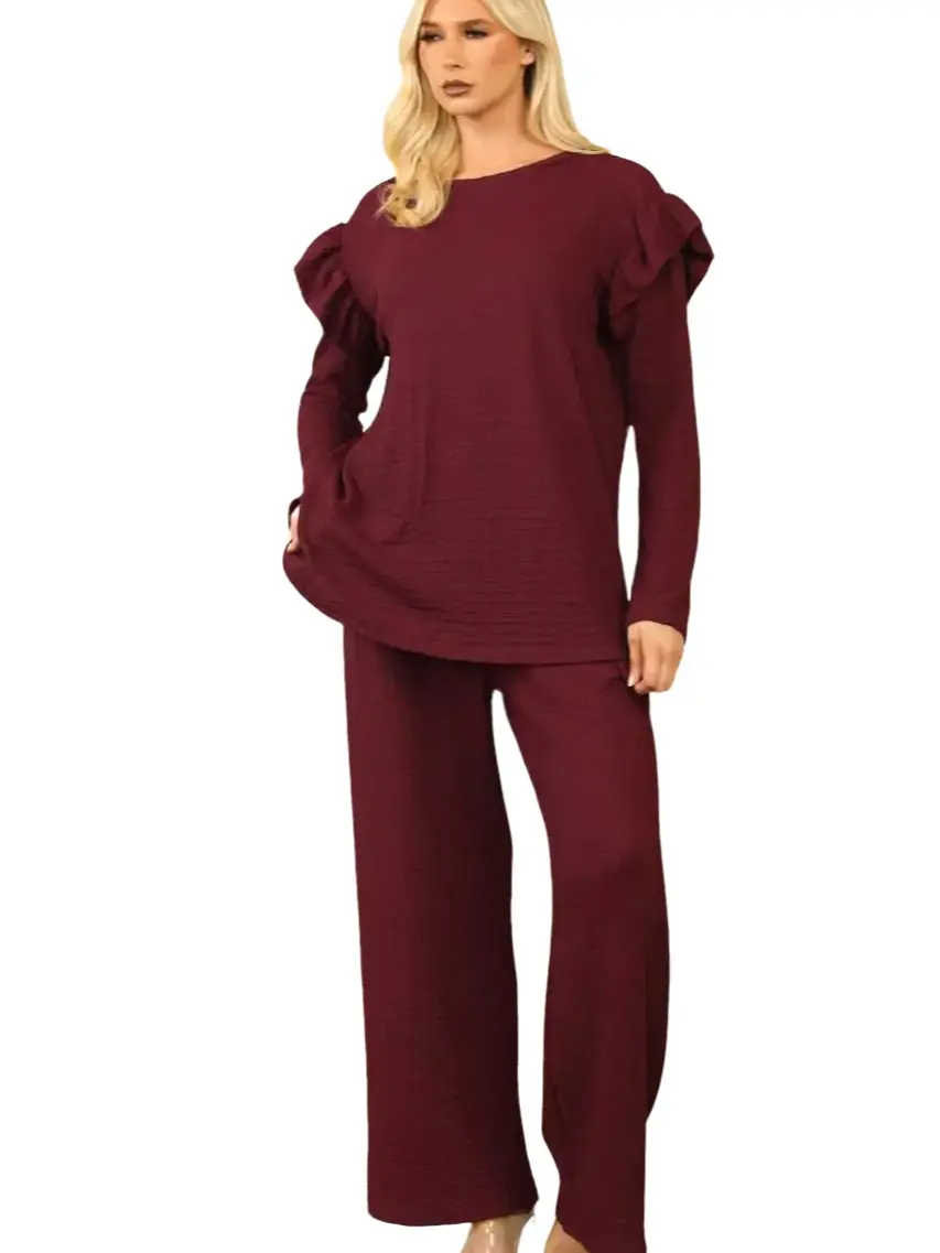 Women's Two-Piece Lounge Set, Ruffle Sleeve Top with Wide Leg Trousers