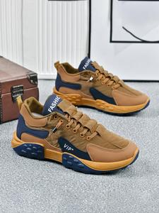 Men's Fashion Colorblock Letter Pattern Patched Design Lace Up Low Top Sneakers, Mens Sneakers, Athletic Training Footwear, Casual Breathable Comfort Sports Running Shoes, Male All-match Round Toe Shoes