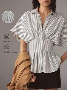 Women's Striped Print Button Shirt, Casual Fitted Short Sleeve Collared Blouse for Summer, Ladies Clothes for Daily Wear, Womenswear