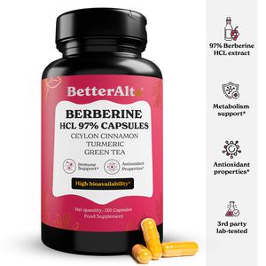 BetterAlt Berberine HCL 97% Capsules (1800mg)| with Ceylon Cinnamon, Turmeric, Green Tea | Helps Aid Digestion and Immunity | 1-Month Pack
