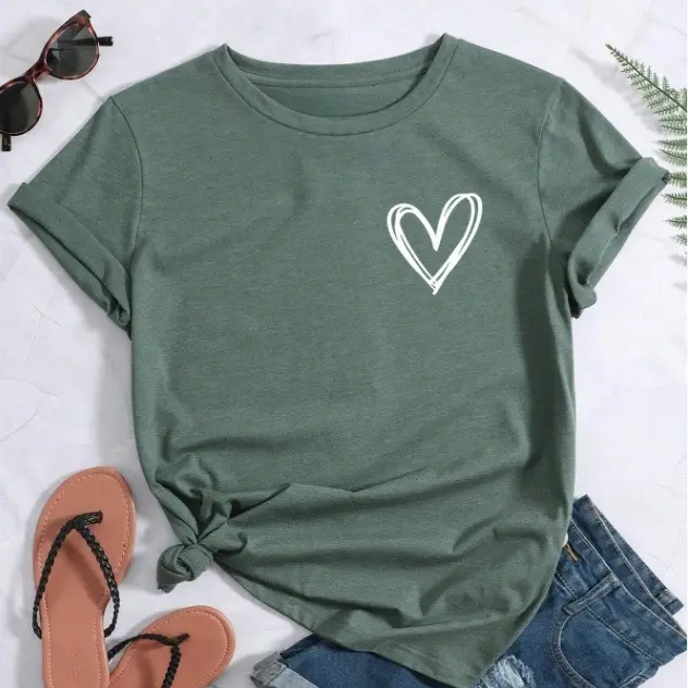 Women's Heart Print Short Sleeve Crewneck Tee, Casual Comfort T-shirt, T Shirts for Women, Summer Top for Lady, Summer Clothes Womenswear 1