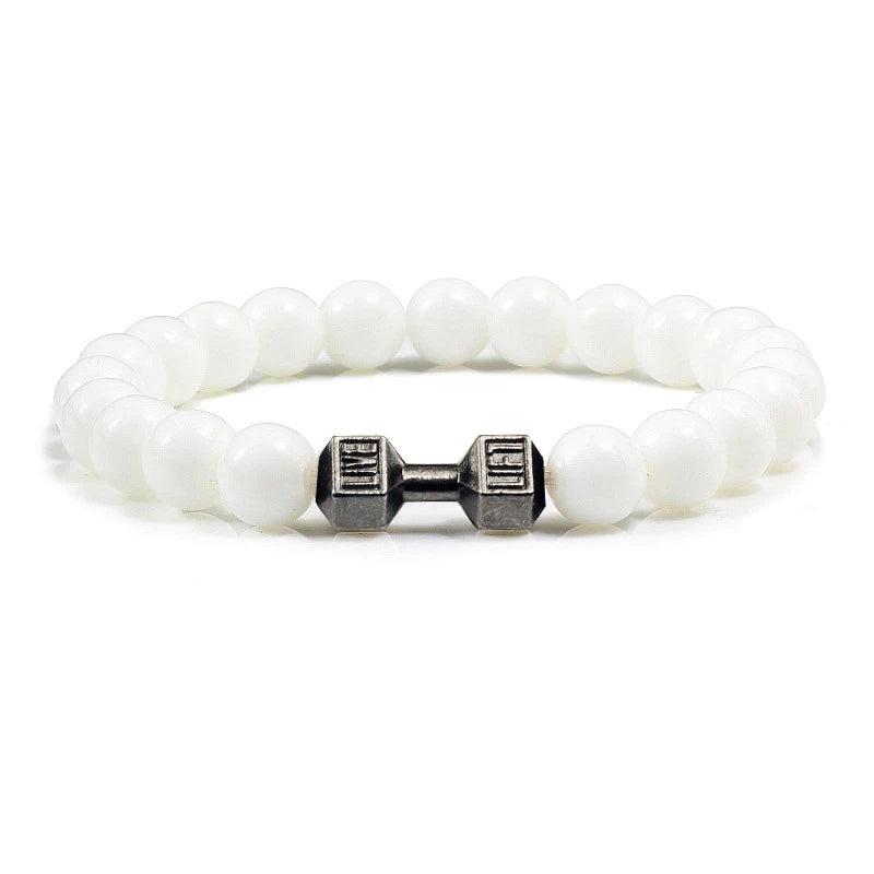 Natural Volcanic Stone Bracelet Men Matte Black Lave White Beads Charm Dumbbell Strand Bracelets Women Barbell Fitness Jewelry 8