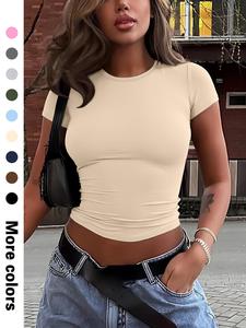 Women's Plain Round Neck Tee, Casual Short Sleeve Crew Neck T-shirt for Daily Wear, Ladies Clothes for All Seasons, Womenswear, Tshirt, Breathable Tops