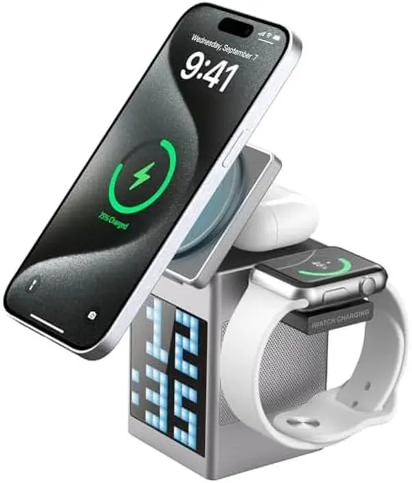 6-in-1 Magnetic Wireless Charging Station with Display, Alarm clock & Bluetooth Speaker, for SmartPhone, Watch & Earbuds, Charger Holder, Magnetic Charger, Universal Charger, Travel charger, Digital charger, Trending Charger