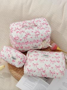 Bow Pattern Makeup Bag Set, Cute Cosmetic Bag, Large Capacity Travel Toiletry Organizer Bag, Zipper Makeup Organizer Pouch, Makeup Storage Bag