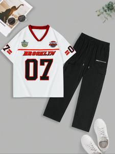 Men's Letter & Number Print Short Sleeve Tee & Drawstring Waist Pants Set, Casual V Neck T-shirt & Trousers, Men's Summer Clothes