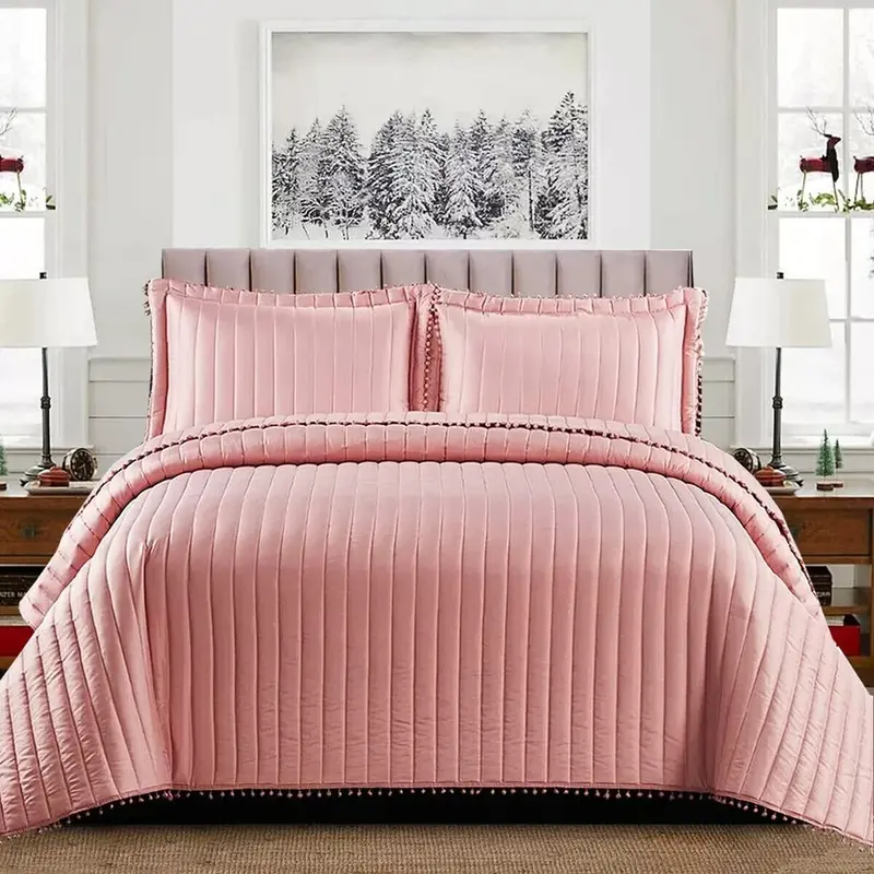 3 Piece Quilted Embossed Bedspread Bed Throw Single Double King Size Bedding Set 3