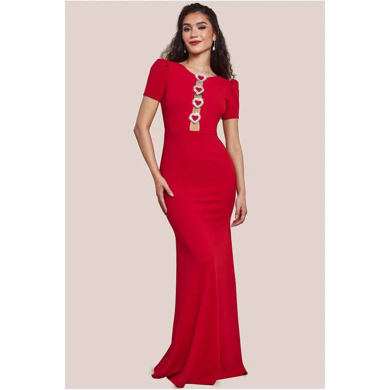 Goddiva Diamante Embellished Heart Brooch Scuba Maxi Dress - Red