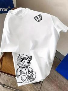 【Plus Size】 Cartoon Bear Print Round Neck Tee, Fashion Casual Crew Neck Short Sleeve T-shirt for Daily Holiday Vacation Outdoor Wear, Men Plus Size Clothing for Summer, Top