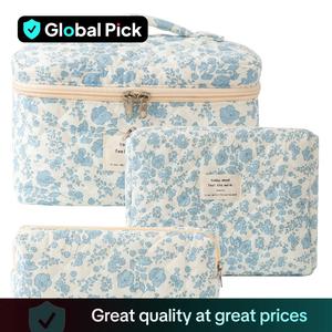 Floral Pattern Quilted Makeup Bag Set, 3 Counts Travel Cosmetic Bags, Portable Zipper Makeup Organizer Pouches, for Skincare, Lotion, Cream, Lip Balm, Eyeliners, Makeup Tools, Travel Essentials, Valentine's Day Gift