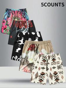 Men's Floral & Geometric Print Drawstring Waist Shorts, Regular Fit Casual Comfy Beach Shorts, Men's Bottoms for Summer