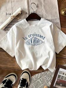 Women's Vintage Letter & Bagel Print Round Neck Tee, Casual Short Sleeve Crew Neck T-Shirt for Summer, Fashion Women's Top for Daily Wear, Womenswear, Tshirt