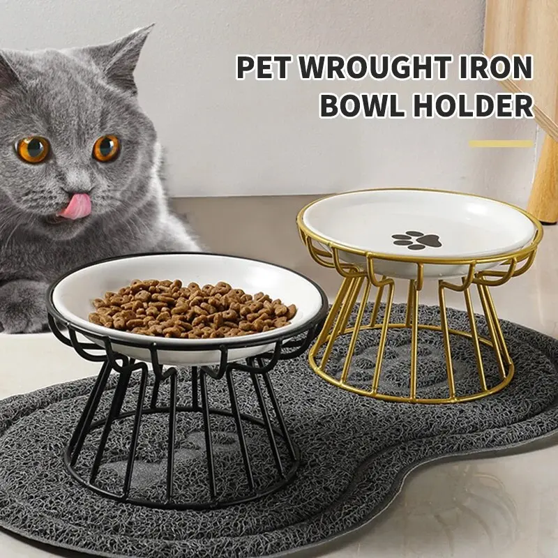 1 Set Pet Cat Ceramic Bowl Iron Rack Cat Food Snacks Canned Plate Anti-black Chin Anti-turning Water Does Not Leak Easy To Eat 1