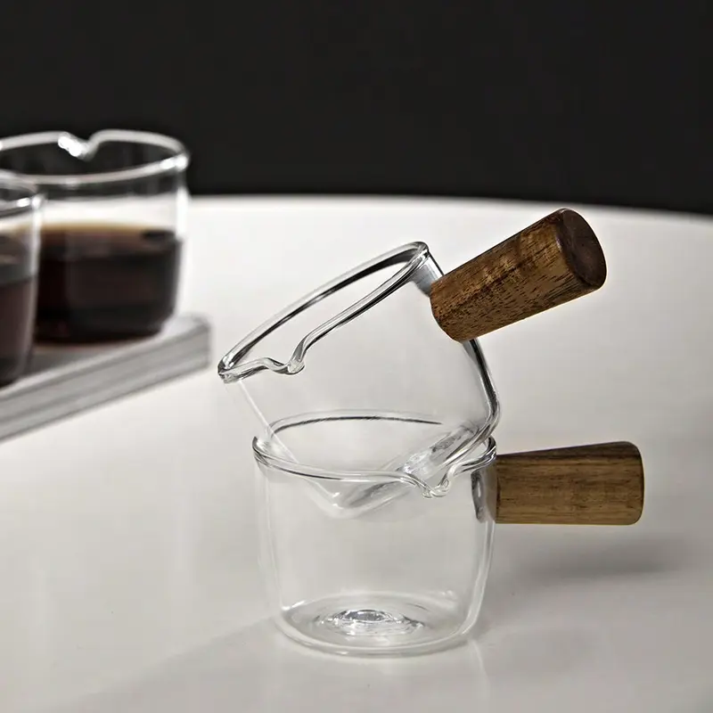 High Borosilicate Glass Mini Wooden Handle Milk Frothing Pitcher, Espresso Coffee Cup, Small Sauce Dish, Restaurant Milk Creamer 0