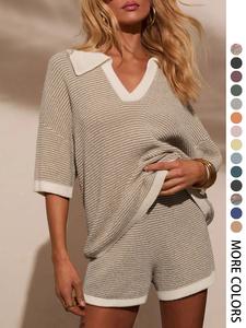 Women's Striped Print Short Sleeve Sweater & Elastic Waist Skirt Two-Piece Set, Casual Round Neck Knit Top & Skirt for Summer, Fashion Women's Two-Piece for Daily Wear, Clothes, Striped Lounge Set