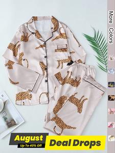 Two-Piece Set Women's Animal Print Contrast Binding Shirt & Elastic Waist Pants Satin Pyjama Set, Casual Comfy Long Sleeve Pocket Button Up Top & Trousers PJ Set, Ladies Sleepwear for All Seasons, Loungewear