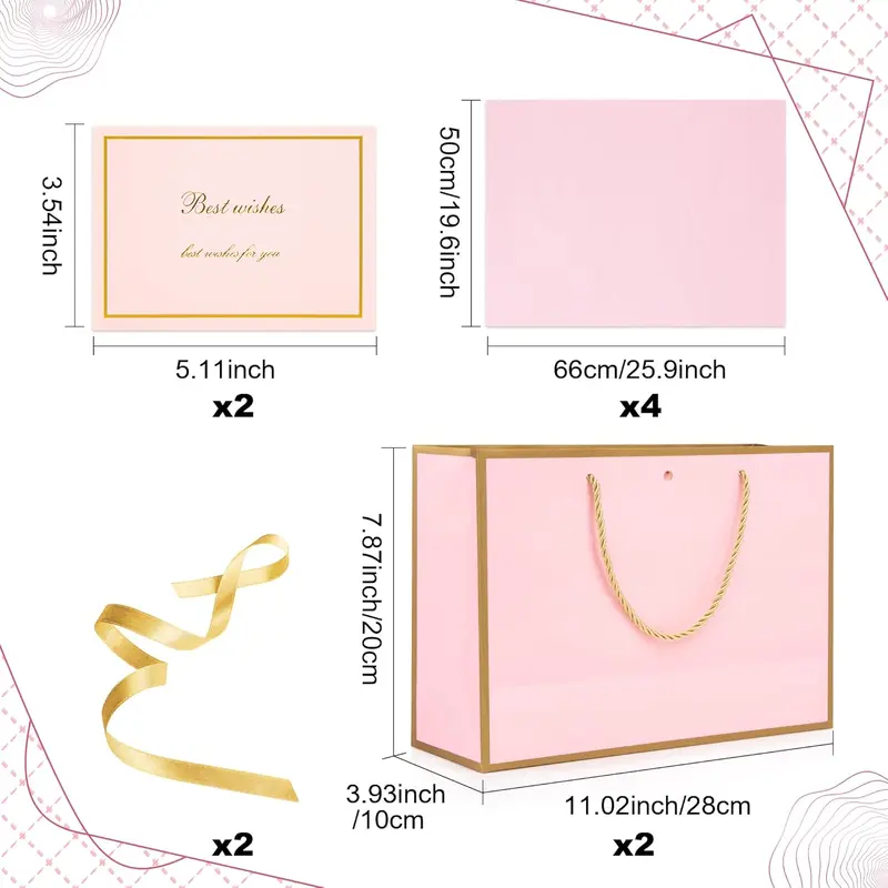 Medium Pink Gift Bag with Handles, 2pcs Present Bags with 4 Wrappers and 2 Cards, Birthday Party Bags for Girls Valentines Bridesmaid Wedding (Pink-Gold) 1