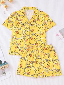 Girl's Cartoon Duck Print Top & Elastic Waist Shorts Pyjama Two-piece Set, Cute Comfy Short Sleeve Top & Shorts Pajamas Set, Kids Comfy Soft Casual Pajamas Sleepwear for All Seasons, Pajama Set, Funny Pajamas