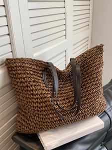 Women's Solid Color Straw Tote Bag, Large Capacity Zipper Shoulder Bag for Beach Vacation, Casual Trendy Versatile High-quality Daily Commuting Bag