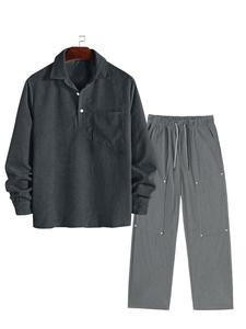 Men's Solid Long Sleeve Corduroy Top & Pants Set, Casual Button Front Top & Trousers, Men's Spring & Fall Clothes