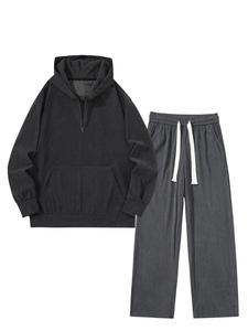 Men's Solid Half Zip Hoodie & Pants Corduroy Set, Casual Long Sleeve Hooded Sweatshirt & Trousers, Men's Spring & Fall Clothes