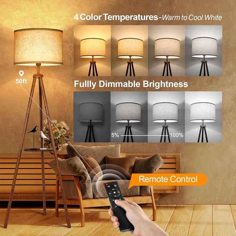 Solid Wooden Tripod Floor Lamp, Bulb Included, Standing Lamp with Remote Control, Dimmable & 4 Color Temperatures, 1H Timer, Floor Lamp with Storage Shelf Linen Shade for Living Room Bedroom 1