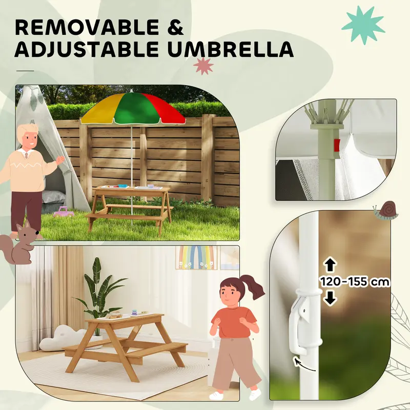 AIYAPLAY Wooden Kids Picnic Table, Sand and Water Table w/ Benches, Parasol 3
