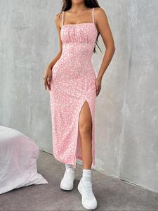 Women's Floral Print Cami Dress, Fitted Sweet Elegant Sleeveless Slit Hem Long Dress for Party Holiday Dating, Ladies Summer Clothes, Womenswear, Formal Wear