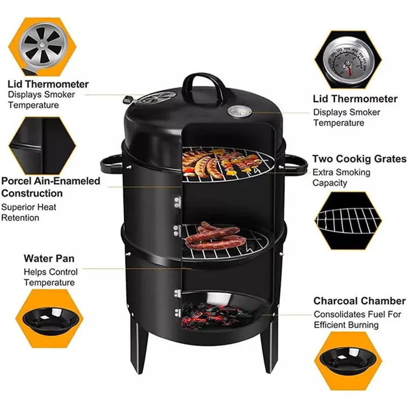 Warmiehomy Round Smoker BBQ Charcoal Barbecues with Temperature Gauge BBQ Charcoal Grill 2 Tier Outdoor for Party Camping, Black Black-1 3