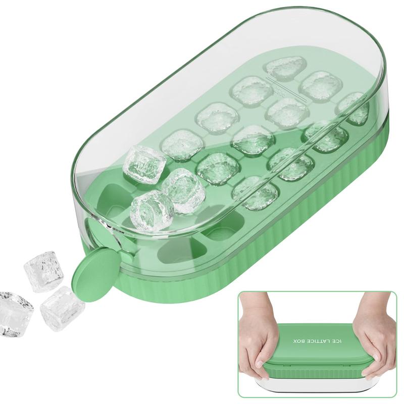 Ice Cube Tray with Lid and Bin, Press-Type Silicone 18PCs Ice Cube Moulds for Freezer, Easy Release, Quick Filling Without Touching, Ice Tray for Whiskey Cocktail, Tea, Coffee, Green 1
