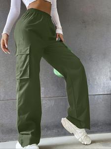 Women's Plain Flap Pocket High Waist Cargo Pants, Fashion Casual Street Elastic Waist Straight Leg Trousers for Everyday Daily Wear, Ladies Bottoms for All Seasons, Womenswear
