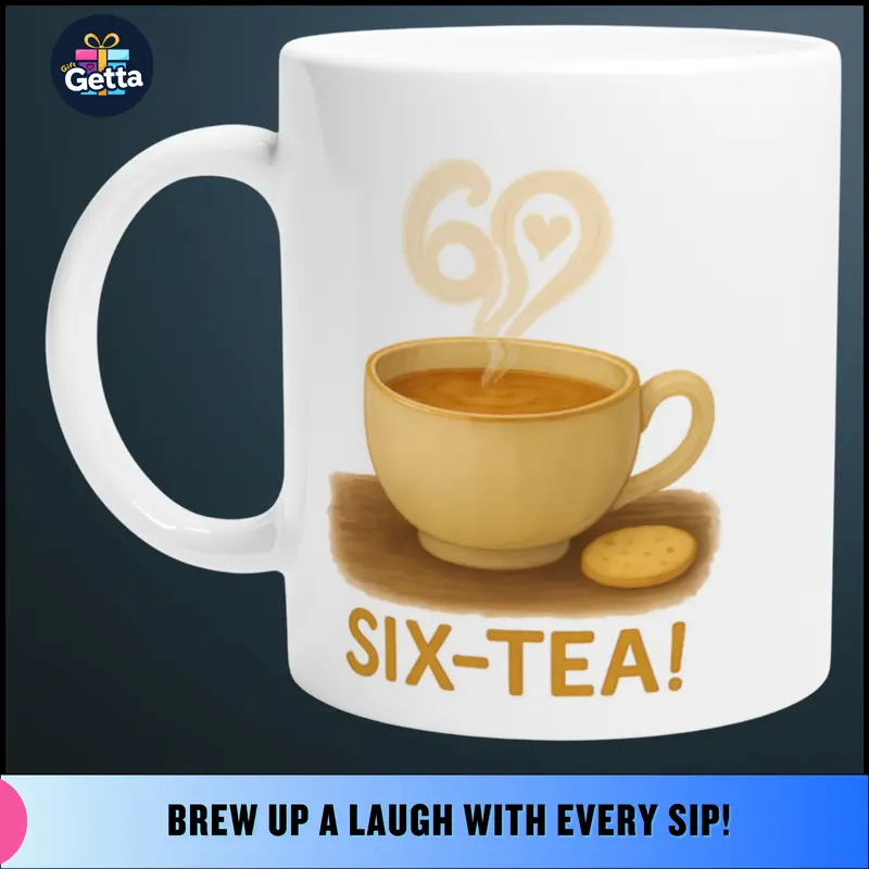 60th Birthday Present - Six-Tea!' Mug - Cheeky Gift for Tea Lovers - Perfect for Birthdays and More - Free Shipping on TikTok Shop by Gift Getta Specialist Coffemug Makers We Make Presents and Cups for All Celebrations 1