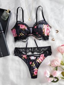 Two-piece Set Women's Floral Print Contrast Lace Bra & Panty, Adjustable Strap Push Up Bra & Panty, Soft Comfy Breathable Underwear Set for Women