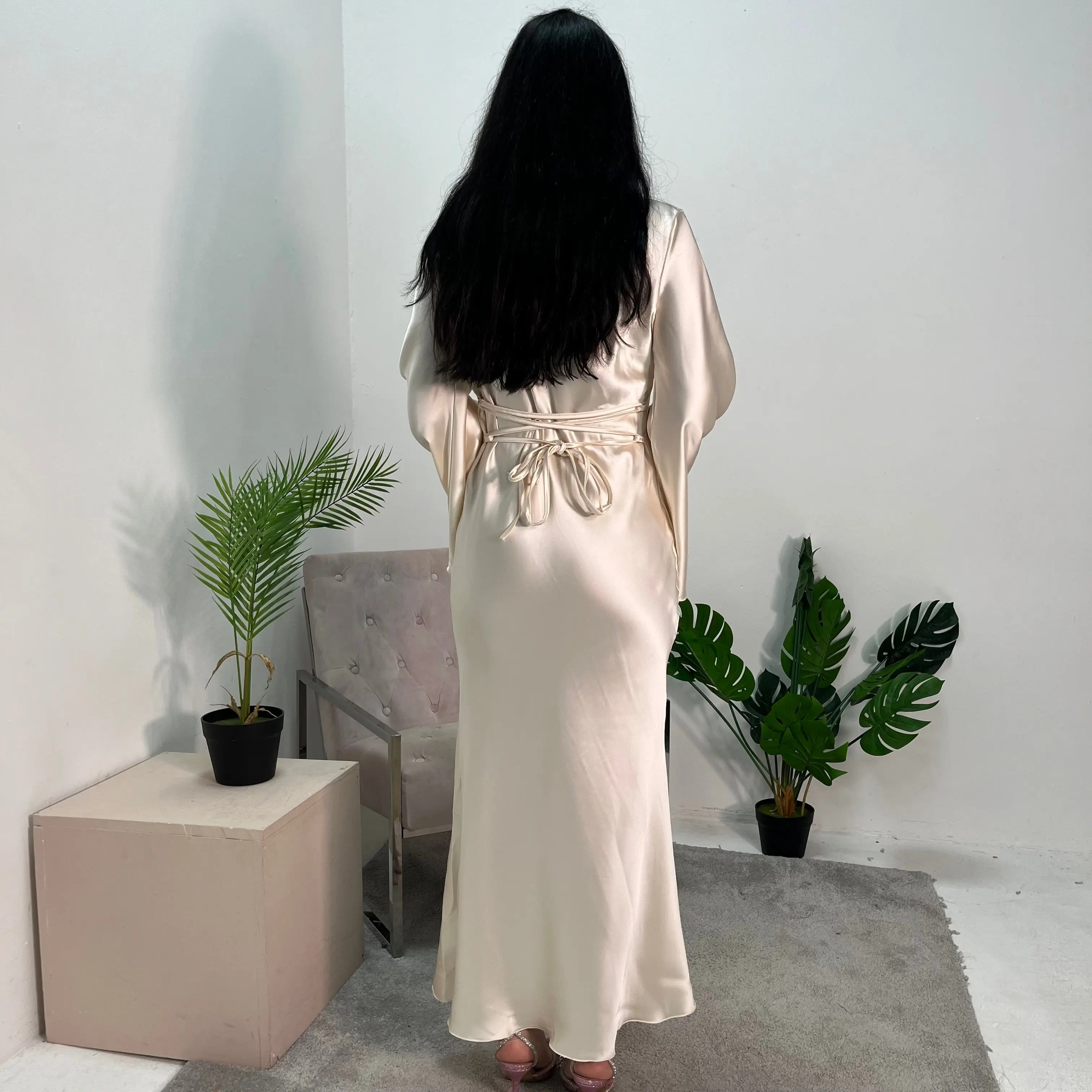 Aqsa Cream Premium Tie Back Satin Quality Dress