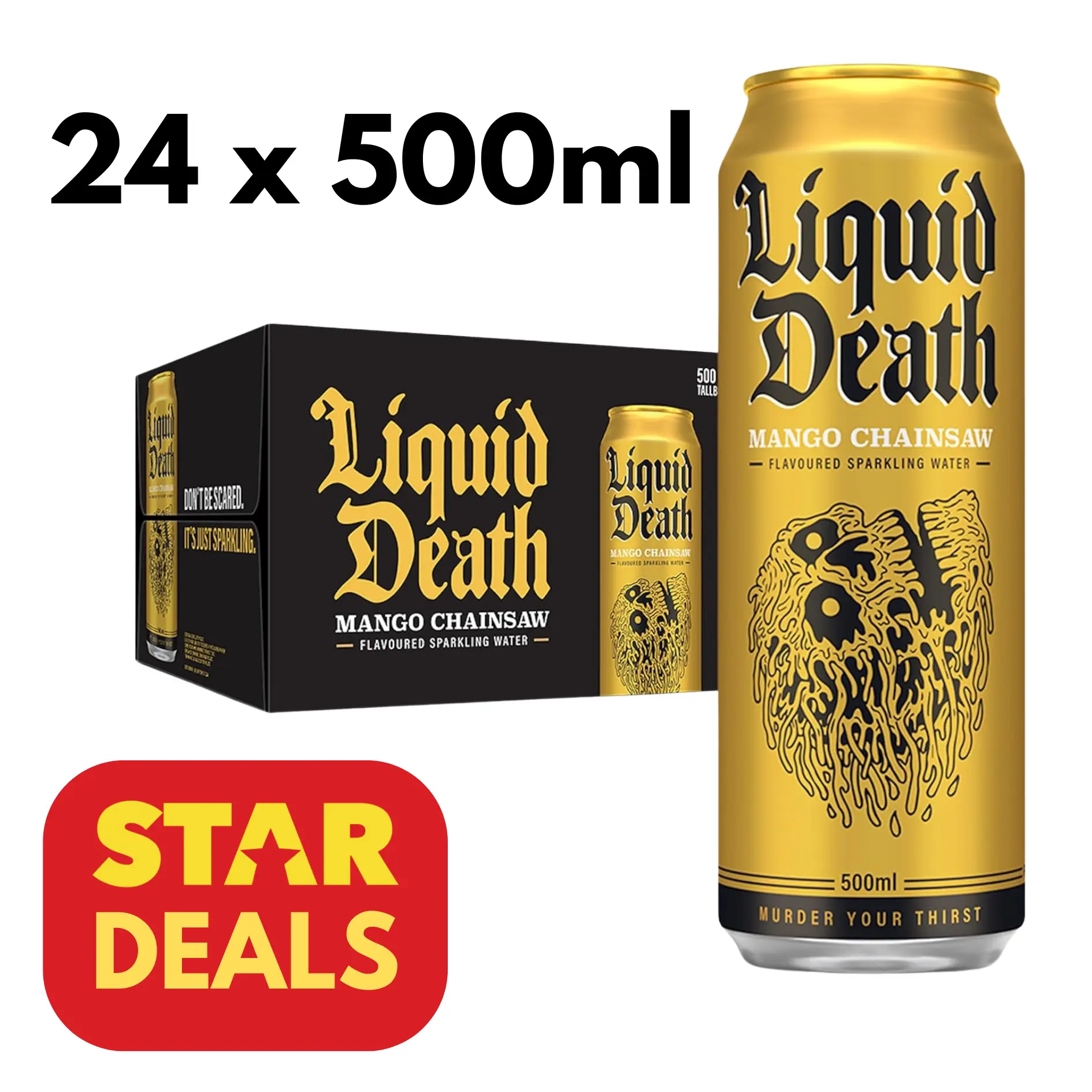 Liquid Death Mango Chainsaw Sparkling Water | 24 x 500ml cans | Kill your thirst with Liquid Death Premium flavored Water, sourced from the Alps and made by nature | best before 20 September 2025