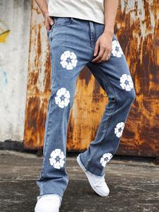 Men's Floral Print Raw Trim Button Fly Denim Jeans, Slim-fitting Street Fashion Casual Comfy Pocket Flare Leg Denim Pants for Daily Wear, Mens Bottoms for All Seasons