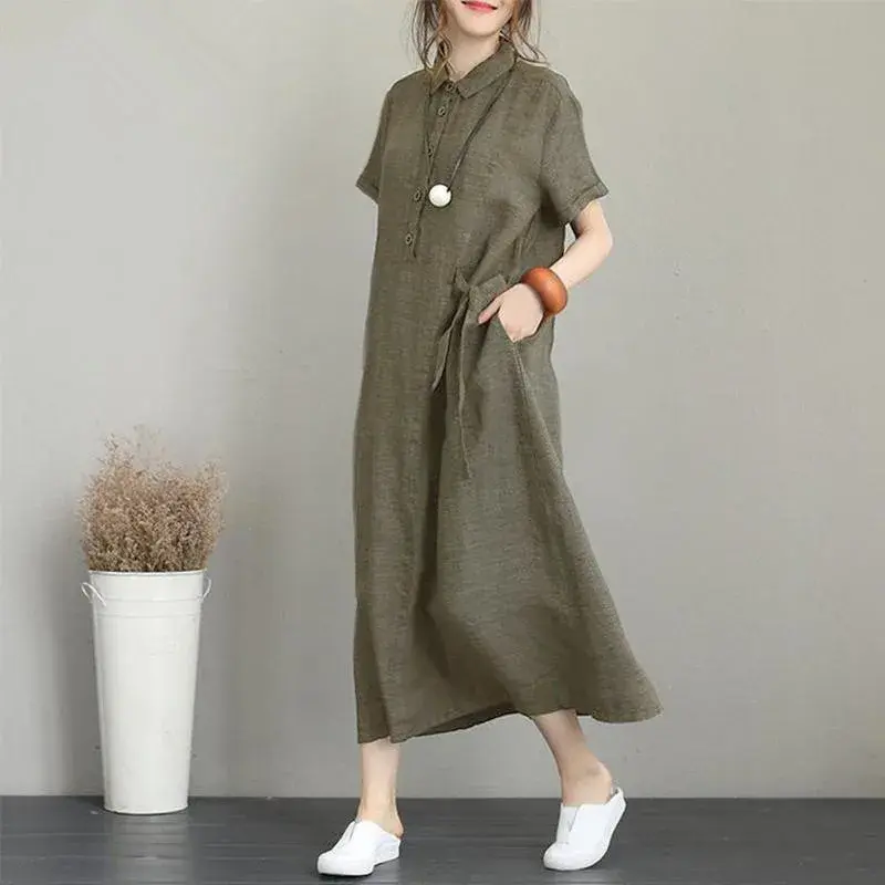 Cross-Border Joy Women's Summer New Short Sleeve Loose-Fit Pocket Solid Color Cotton Linen Lapel Casual Dress 0