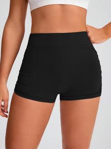 Women's Solid Color Ruched High Waist Sports Shorts, High Stretch Comfortable Breathable Quick Drying Tummy Control Butt Lifting Yoga Shorts, Ladies Sportswear for Indoor Outdoor Wear, Workout Clothes