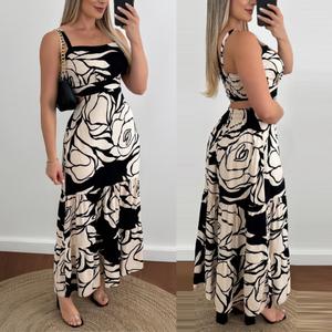 ChicMe Women's Floral Print Square Neck Sleeveless Backless Dress Casual Hollow-out Flowy A Line Maxi Dress