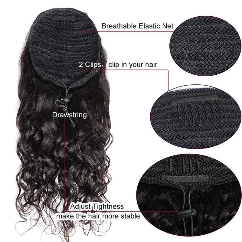 Water Wave Ponytail Human Hair Extensions Wrap Around Ponytail Drawstring Ponytail Brazilian 9A Hair Pony Tail Clip in Hairpiece 5