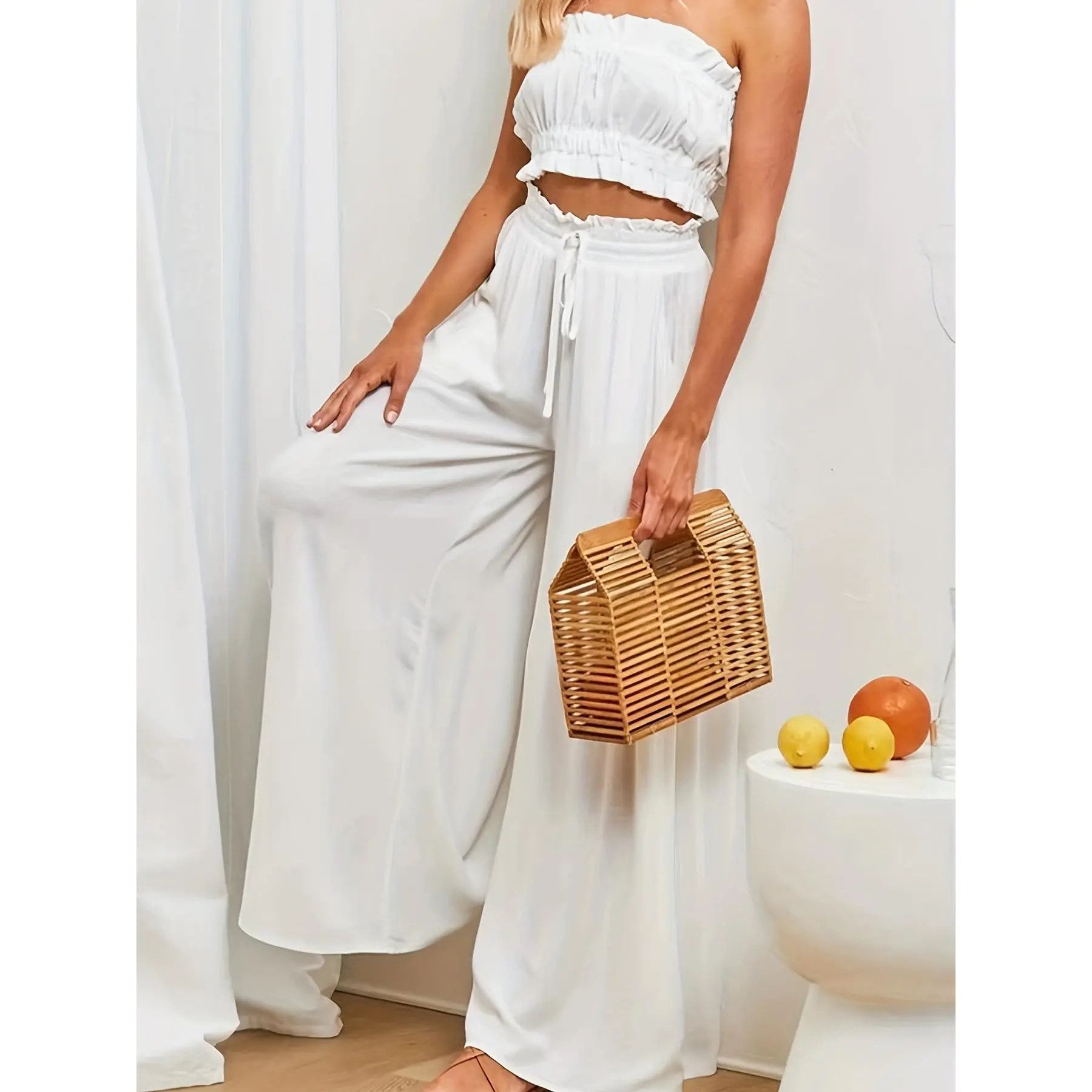 Flowy Ruffle Palazzo Pants for Women - Lightweight & Comfortable, Solid Wide Leg Design - Fashion-Forward, Versatile Closet Staple for All Seasons