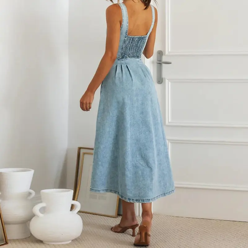 Women Dress Denim Long Dresses Sling Sleeveless V Neck Elegant Splice Single Breasted Slim Fit High Waist Backless Vestidos 5
