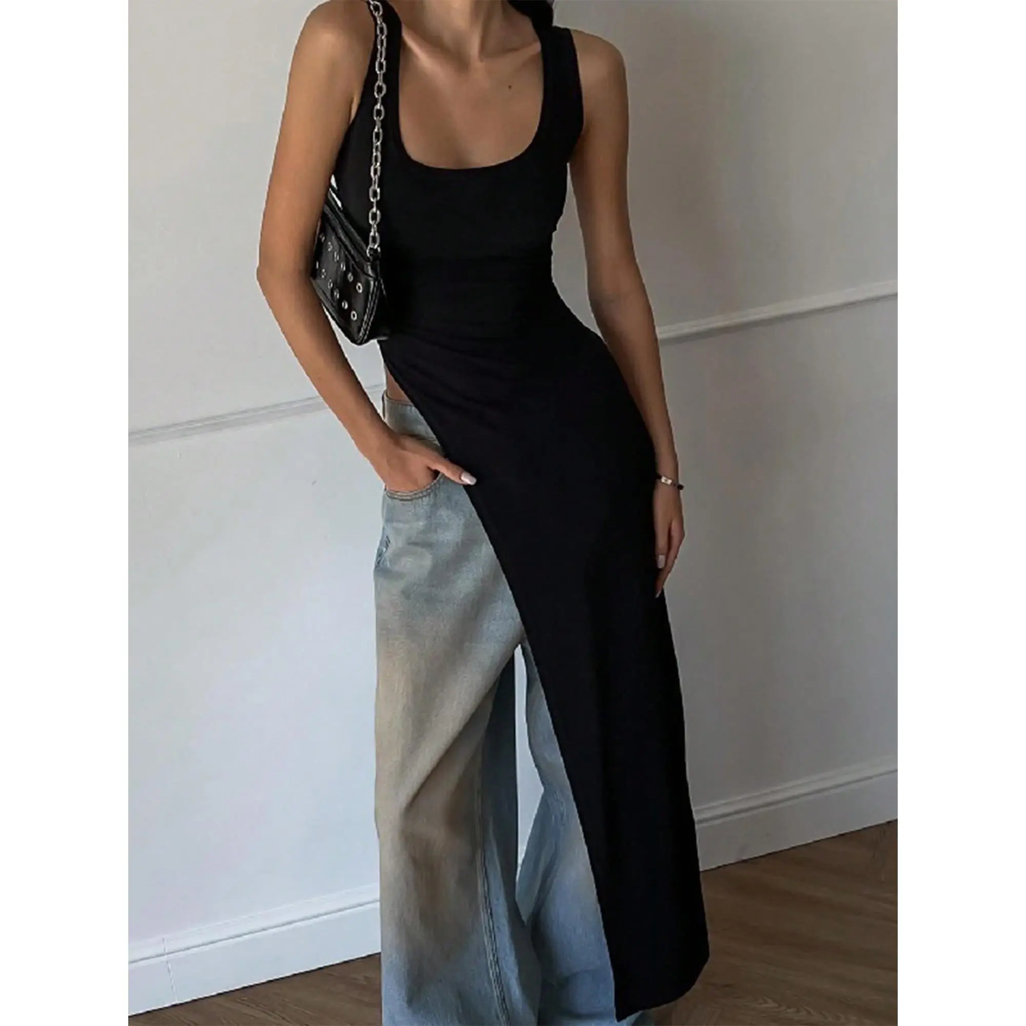Women's Summer Long Tank Tops Solid Color U-Neck Asymmetric Hem Vest Sleeveless T-Shirt